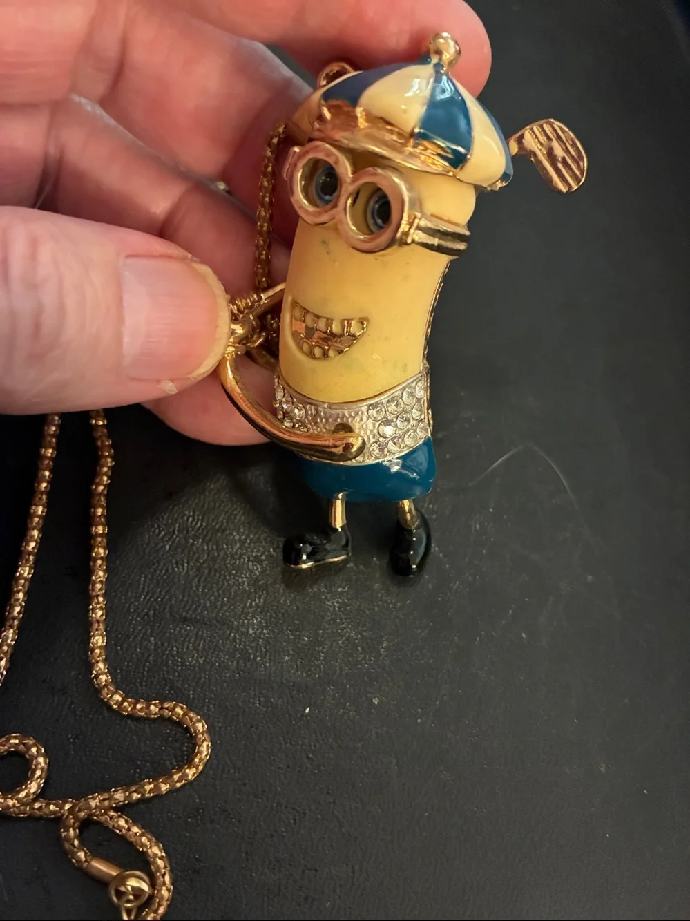 Minion Golfer Pendant Necklace Gold-Tone in Yellow & Blue NWOT